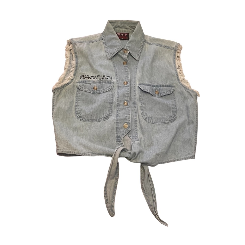 Vtg 2002 Biker Design‎ Denim Jean Crop Top Bike Week Daytona Beach Fringe Medium